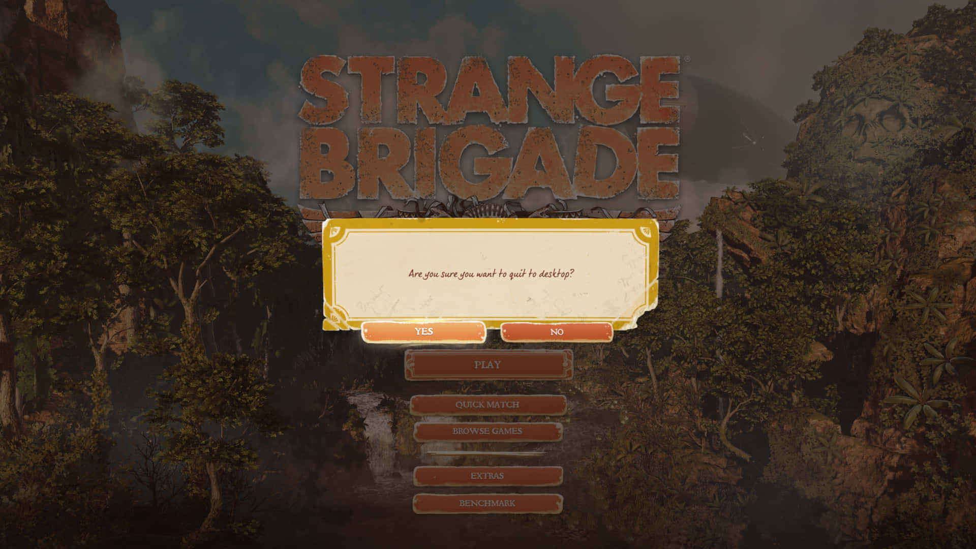 1366x768 Strange Brigade 桌布 壁紙 — Strange Brigade 的遊戲選單覆蓋著迷霧叢林，其中有古老遺跡和高聳樹木，天空多雲。