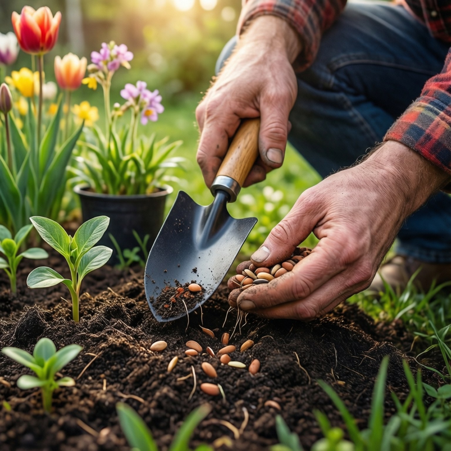 Spring Gardening 壁紙 — 園丁的手在溫暖陽光下，將種子播種在盛開的鬱金香和幼苗旁邊的肥沃土壤中。