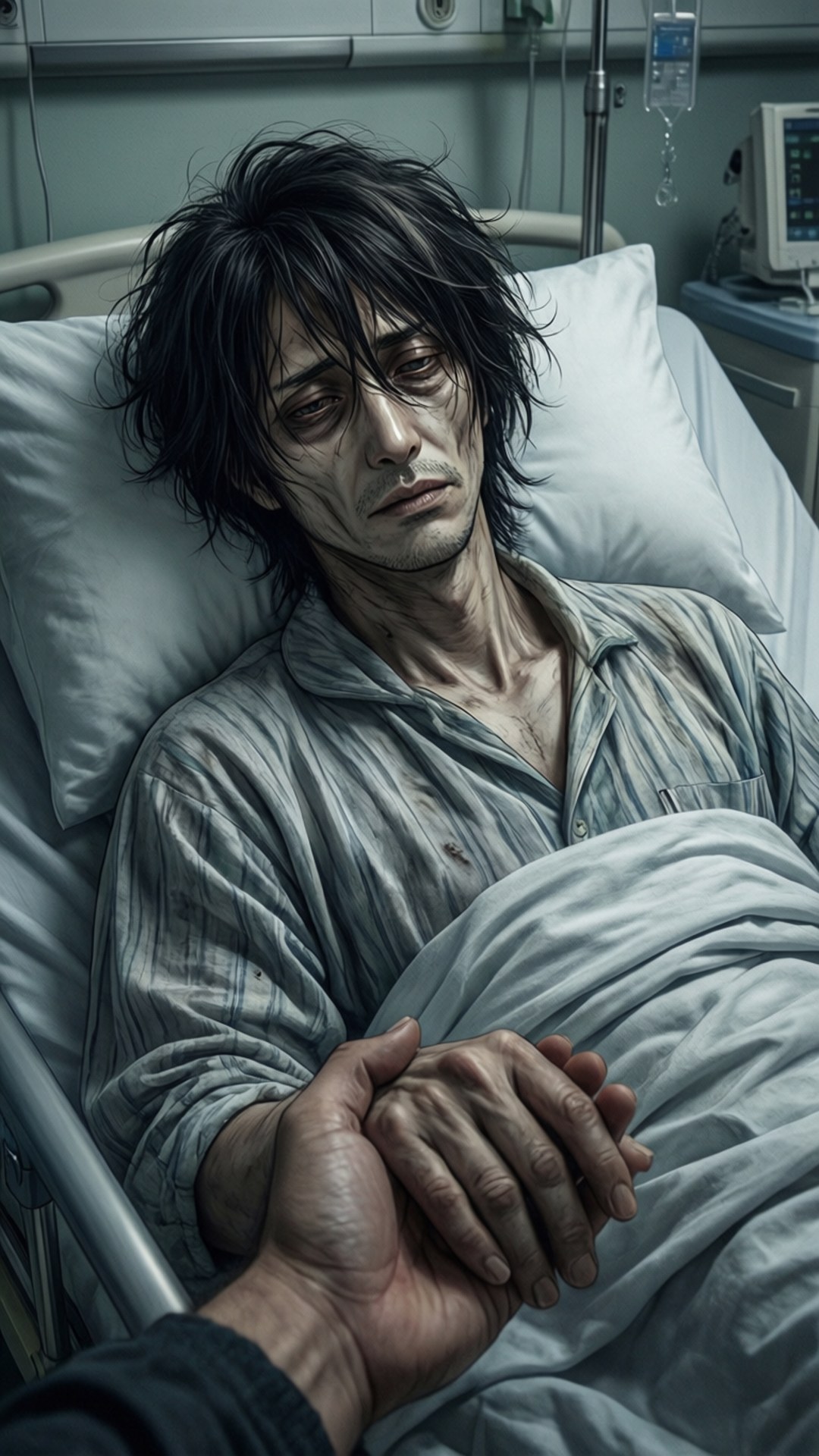 Hospital Vigil 壁紙 — 一個瘦削的黑髮男人躺在醫院床上，緊握著一隻手，周圍是醫療設備，光線昏暗。