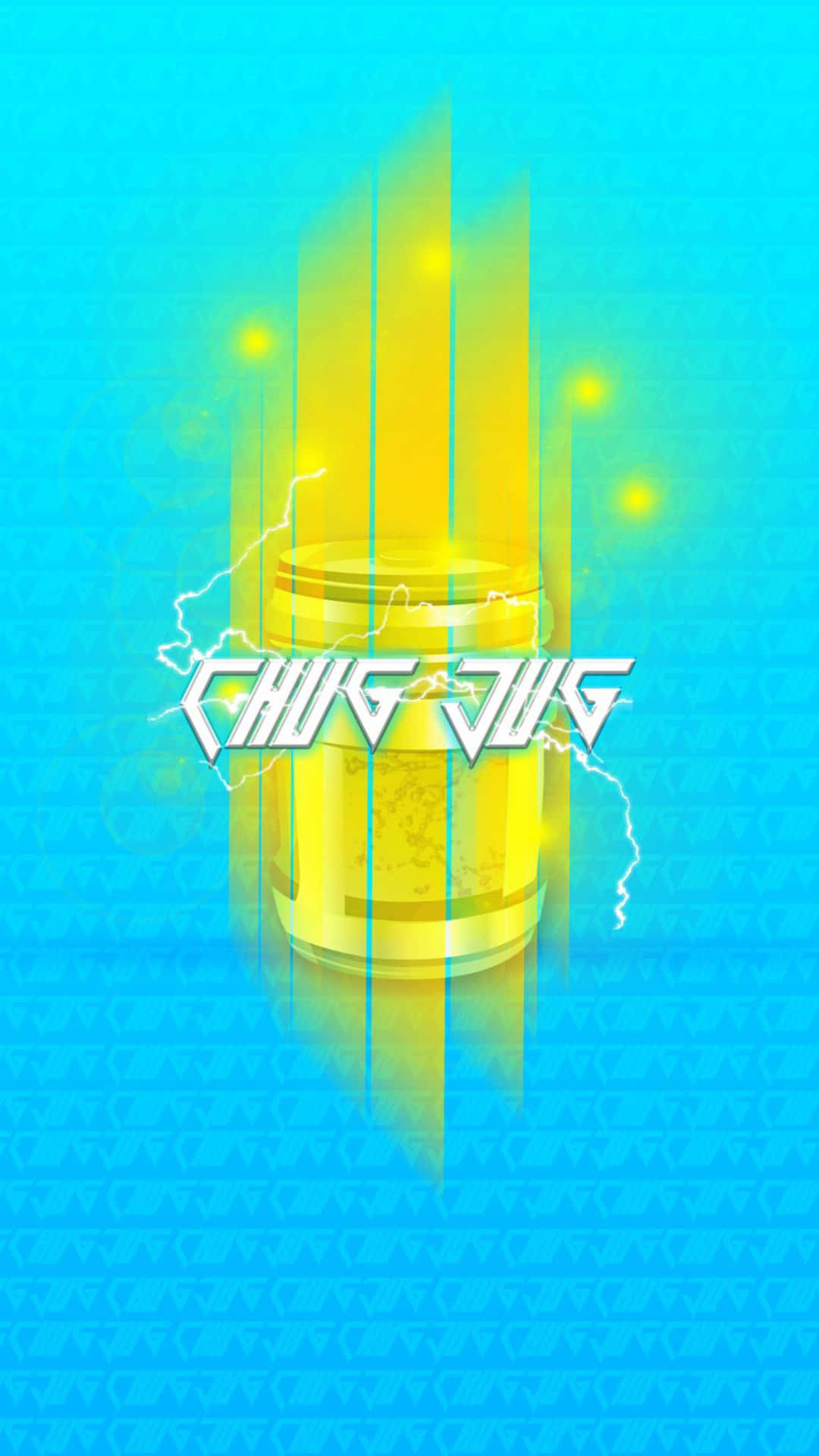  壁紙 — 一個發光的黃色水壺，帶有閃電和文字「CHUG JUG」，在帶有微妙重複圖案的鮮豔藍色背景上散發光芒。