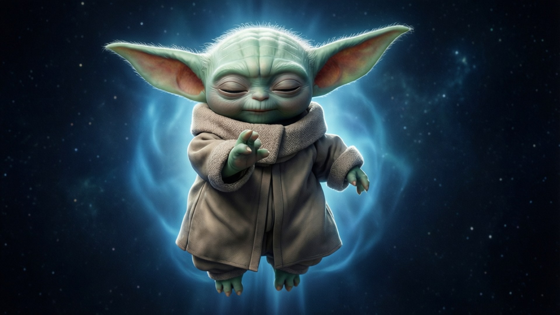 Force-Floating Baby Yoda 壁紙 — 一個平靜的綠色尤達寶寶在太空中安詳漂浮，裹著米色長袍，周圍有發光的藍色能量旋轉。