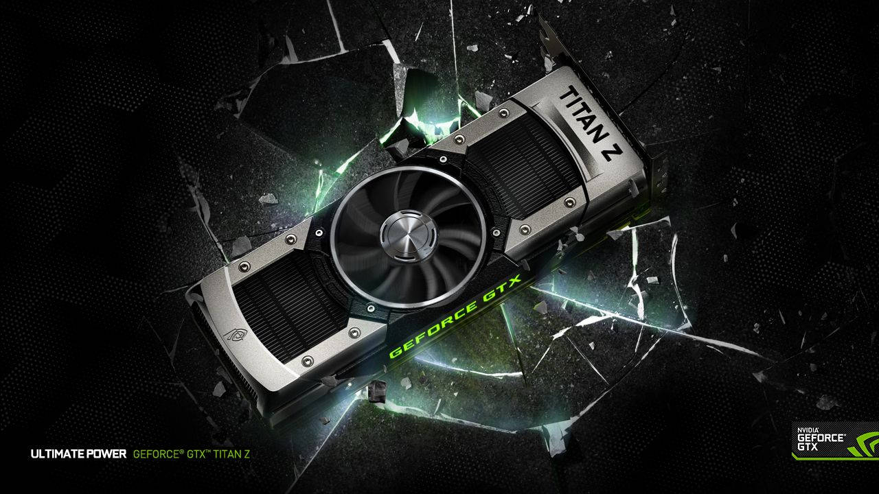 nvidia 桌布 壁紙 — GeForce GTX TITAN Z 顯示卡以發光的綠色能量擊穿深色玻璃表面。