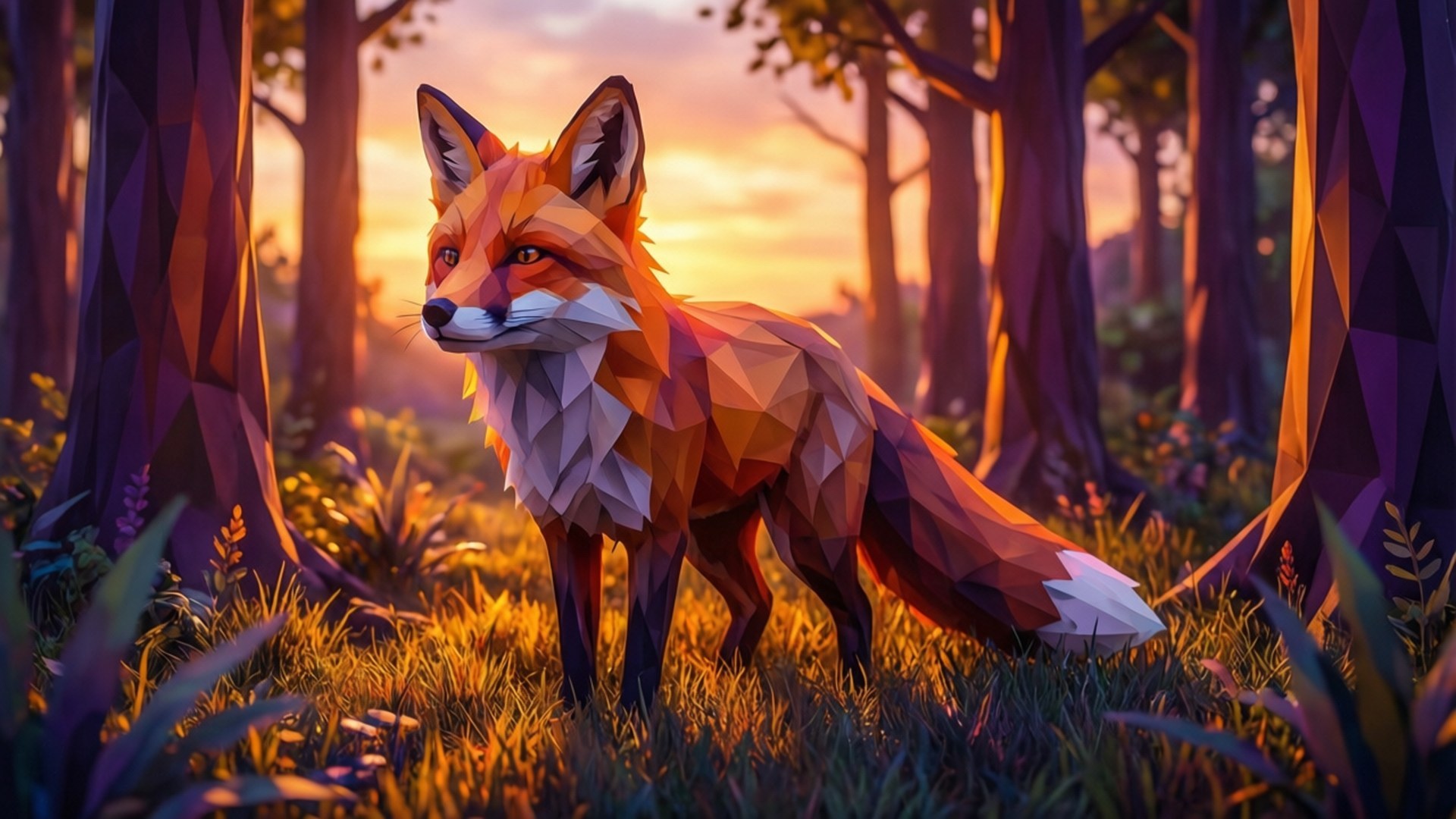 Fox at Sunset 壁紙 — 一隻幾何狐狸在日落時分的森林中警覺地站立，溫暖的橙色光線穿過樹木。