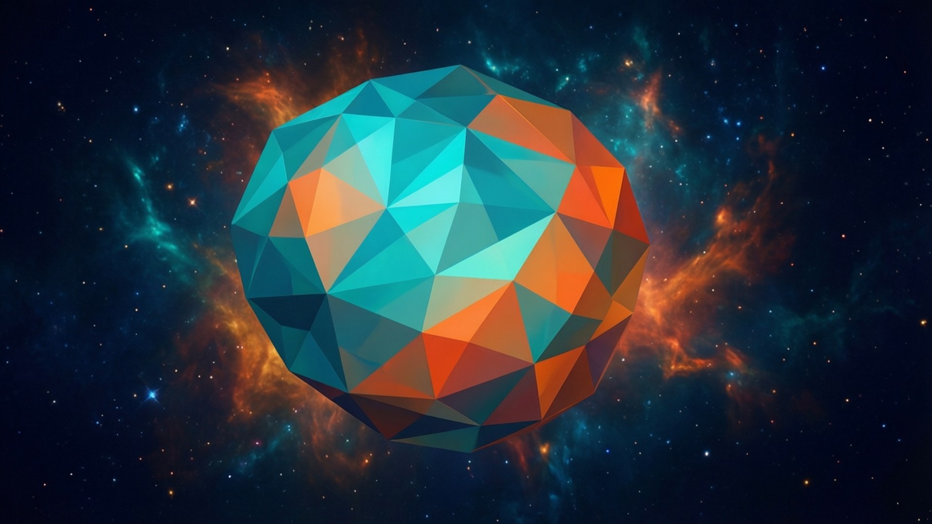 宇宙 桌布 壁紙 — 一個帶有青綠色和橙色面的幾何多面體漂浮在充滿星星的鮮豔宇宙星雲中。