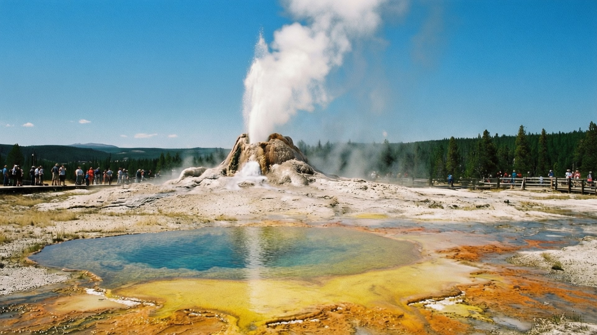 Yellowstone Geyser 壁紙 — 間歇泉噴出蒸氣，映襯著清澈的藍天，遊客在色彩繽紛的礦物池附近的木棧道上觀看。