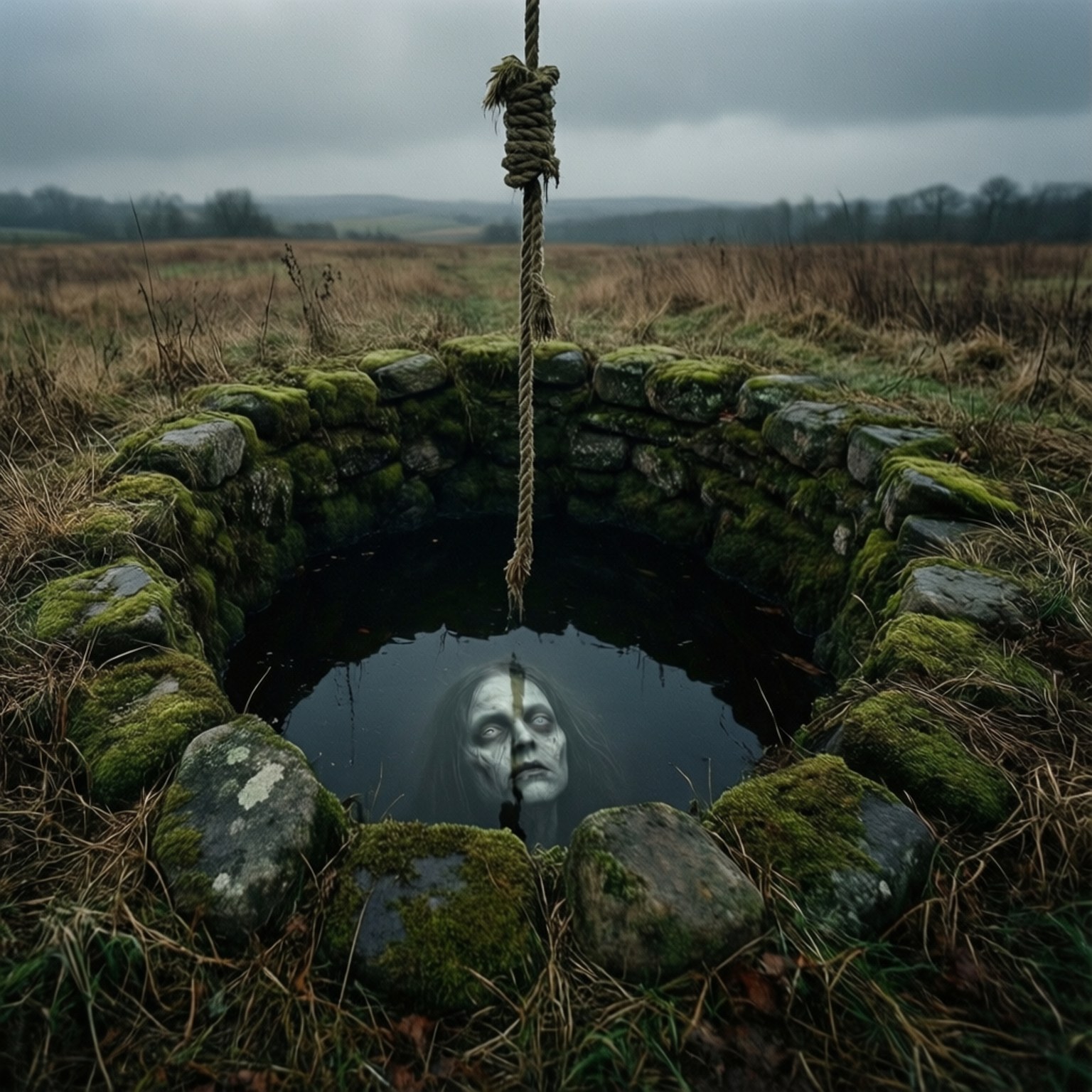 Well of Lost Souls 壁紙 — 一個幽靈般的面孔從長滿青苔的石井的黑暗水中升起，一條繩子懸掛在上方，氣氛詭異。