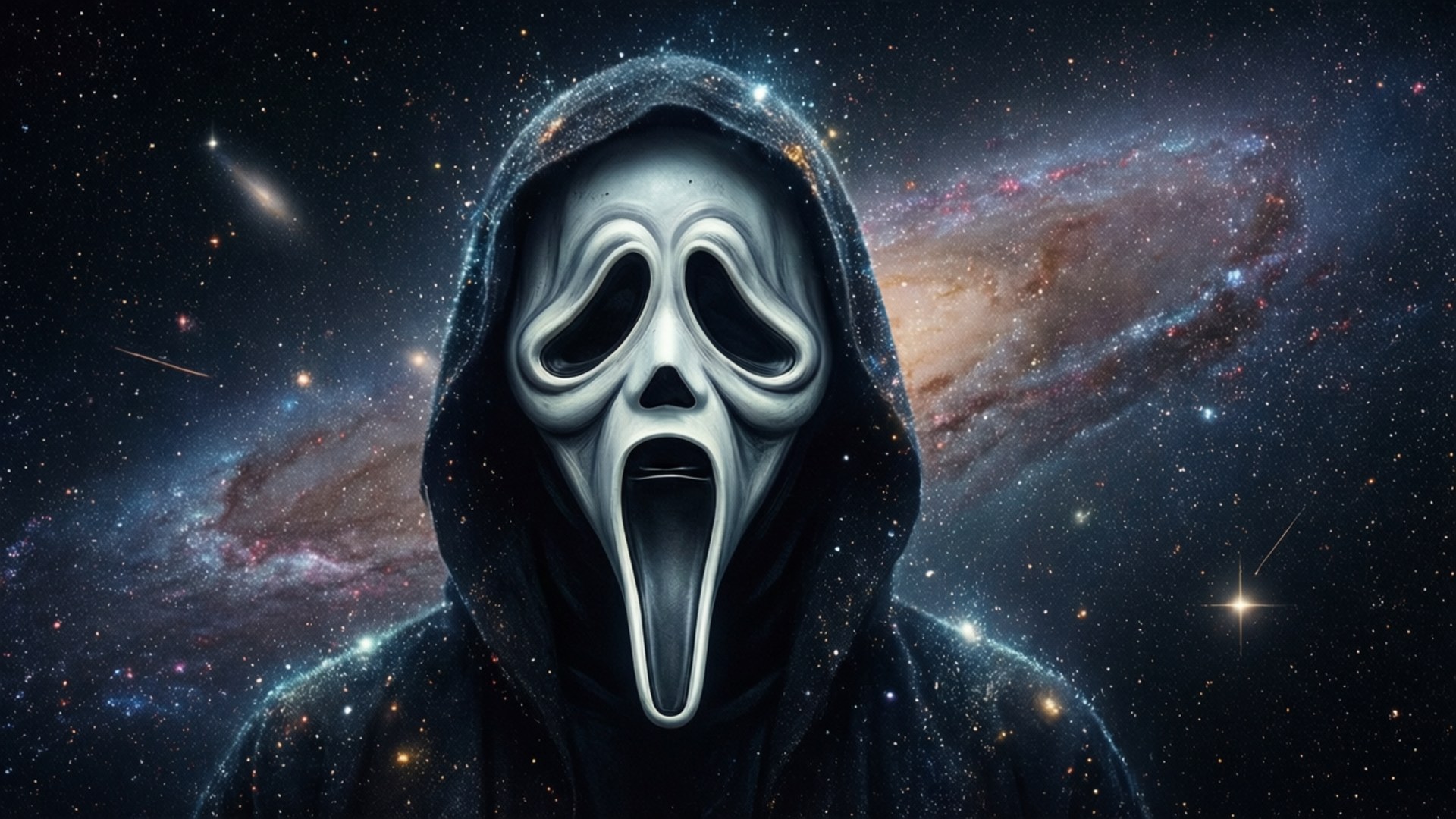Scream iPhone 桌布 壁紙 — 一個戴著尖叫面具的鬼影人物站在充滿星星和星雲的旋轉宇宙星系背景前。