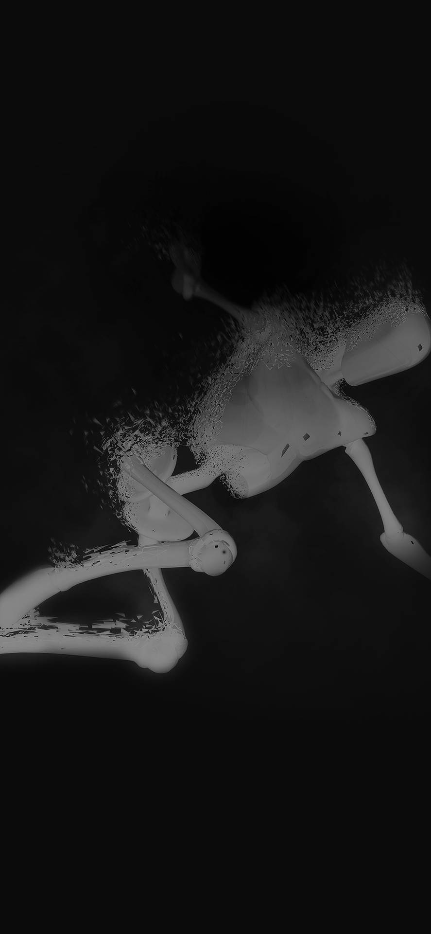 一個白色人形身影在黑暗中分解成粒子。 — 3D 壁紙