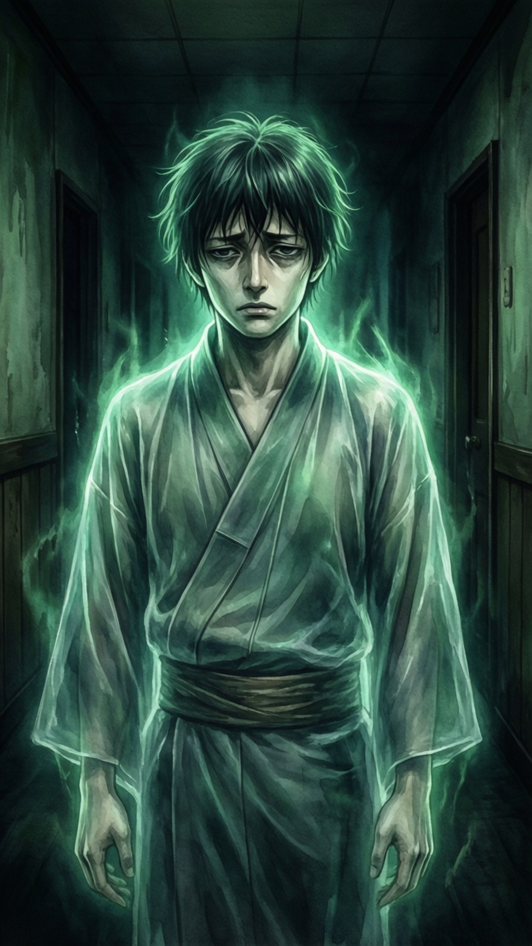Ghostly Mitsuba 壁紙 — 一個穿著傳統長袍的幽靈般年輕男子，在昏暗的走廊中發出詭異的綠色光芒。
