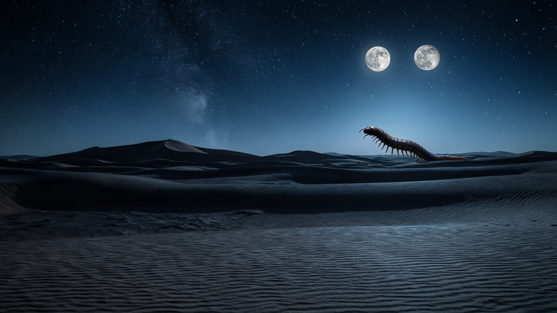 Arrakis Night 壁紙 — 一隻巨型蜈蚣在月光照耀的沙漠上爬行，天空中有兩輪滿月和繁星。