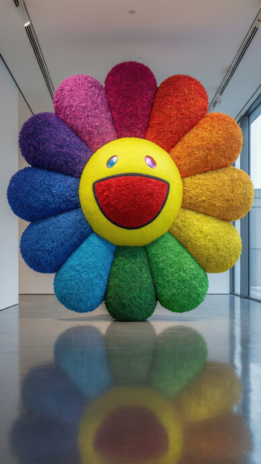 Sculpted Murakami Bloom 壁紙 — 一個巨型毛絨彩虹色花朵雕塑，帶有微笑的臉，矗立在現代畫廊空間中。