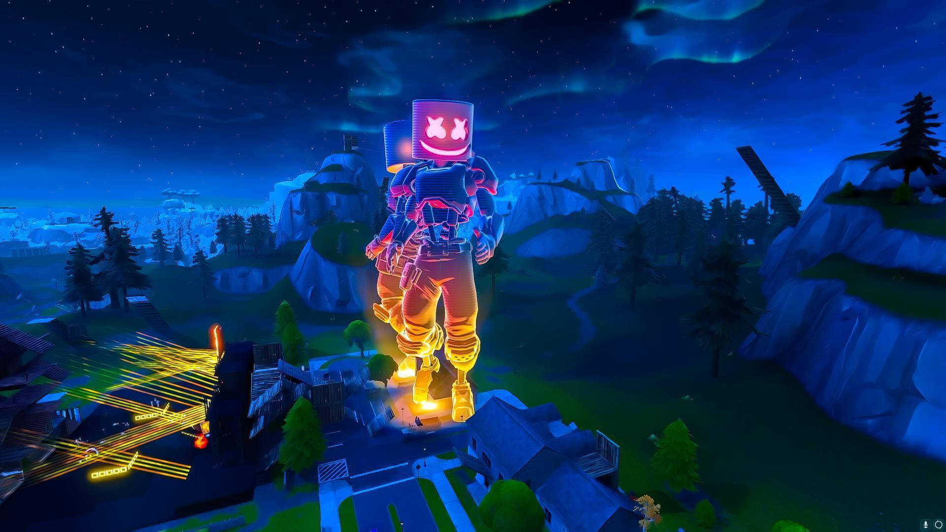巨大的發光棉花糖人俯瞰夜晚的霓虹村莊。 — Fortnite 壁紙