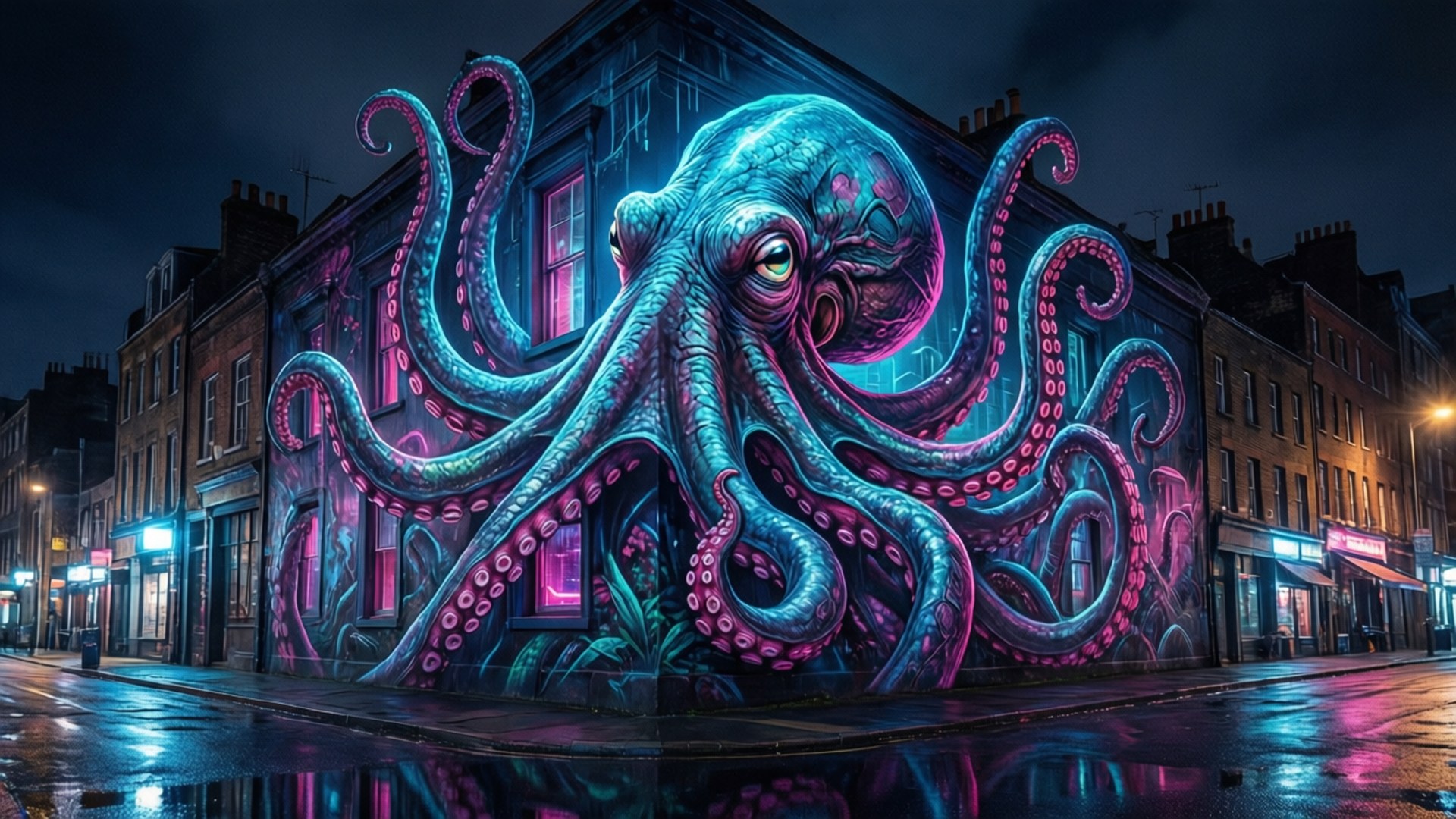 Urban Art 桌布 壁紙 — 一幅巨大的發光章魚壁畫在夜晚主導著濕漉漉的城市街道，霓虹藍和粉紅色調在雨水濕滑的路面上反射。