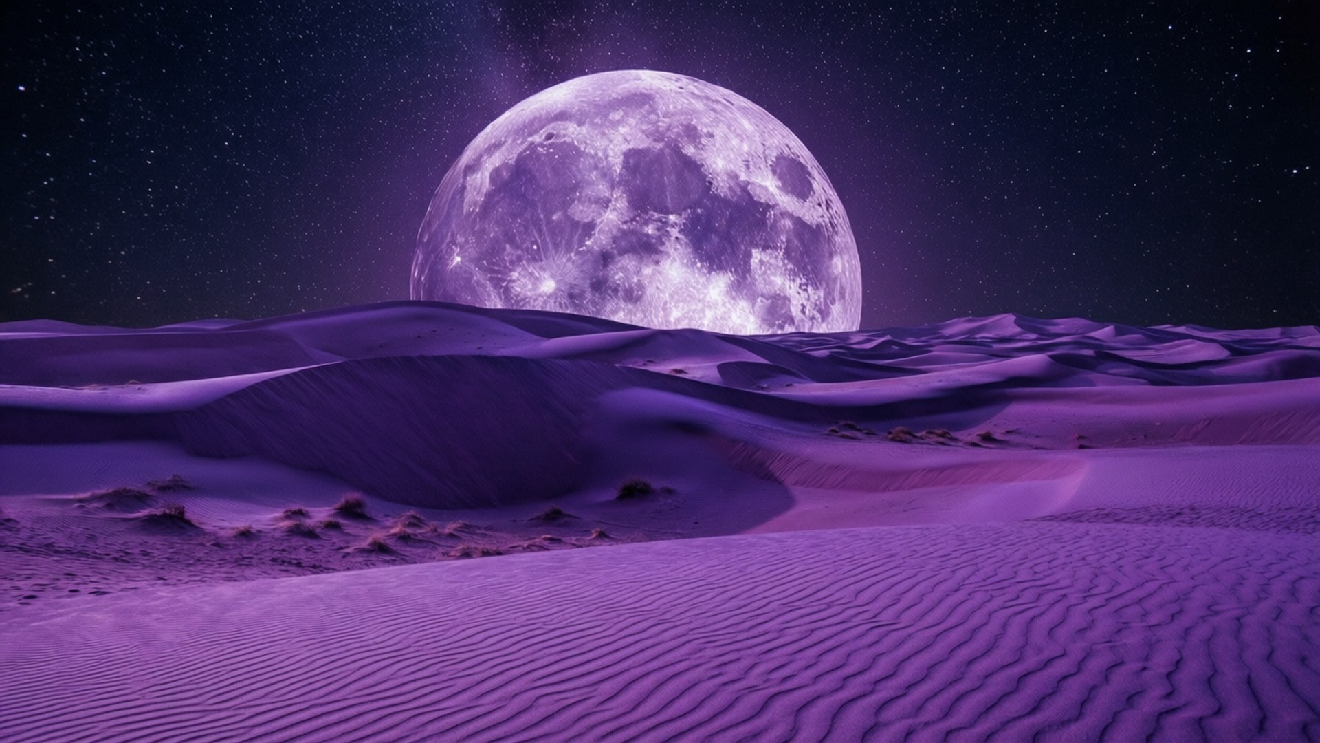 Violet Desert Dunes 壁紙 — 一個巨大的發光紫色月亮在星夜下升起，越過波紋狀的沙丘。