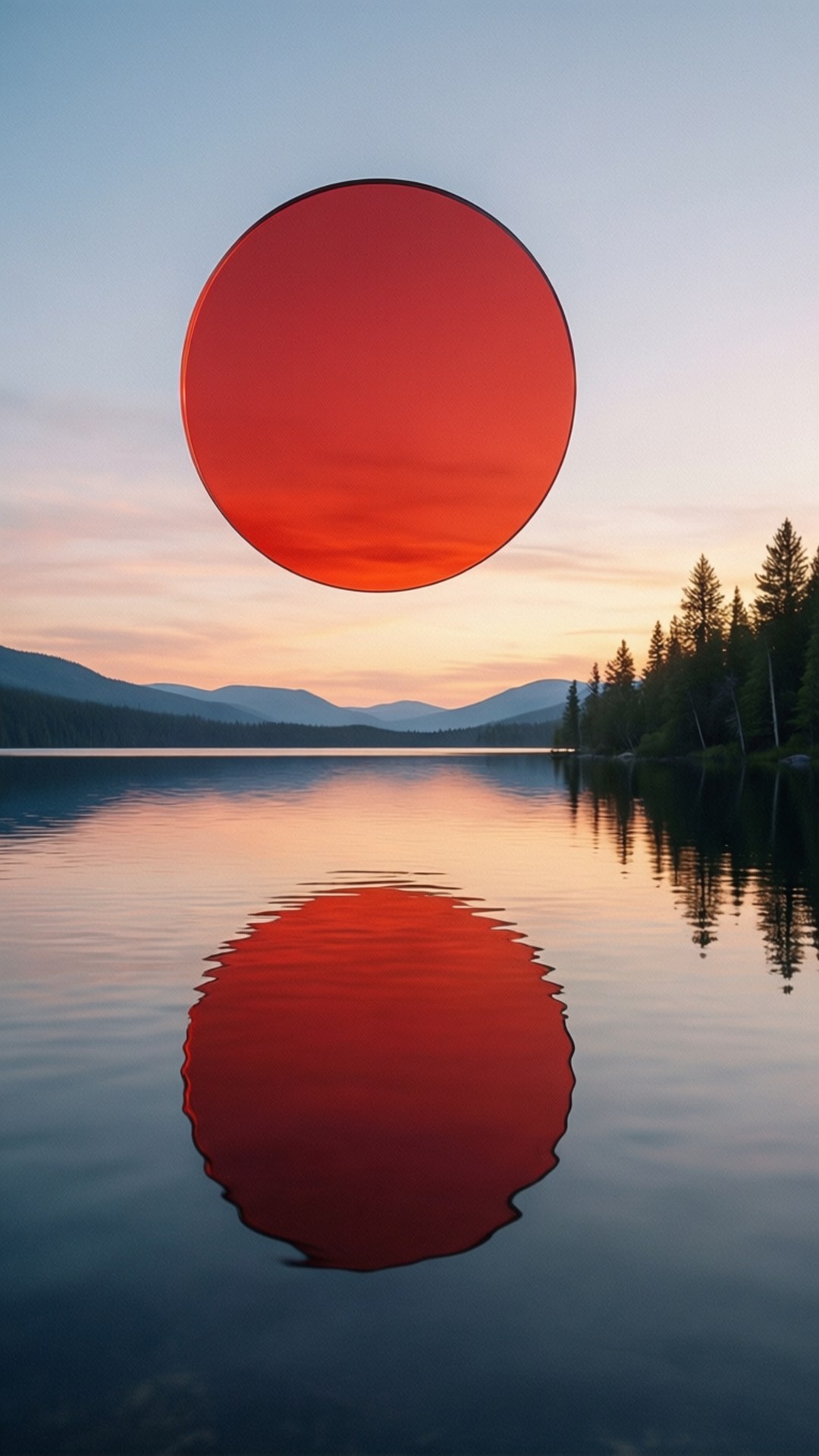 Lake Sunset Red Circle 壁紙 — 一個巨大的發光紅色球體懸浮在寧靜的湖面上，在日落時分映照出鮮豔的色彩，背景是遠山和樹木。