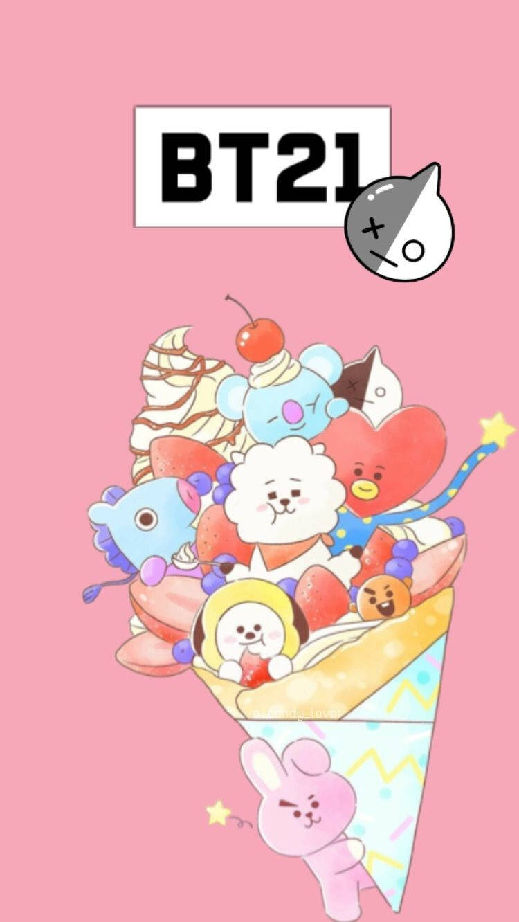 BT21角色堆疊在一個巨大的冰淇淋甜筒中，上面有櫻桃。 — Bts 壁紙