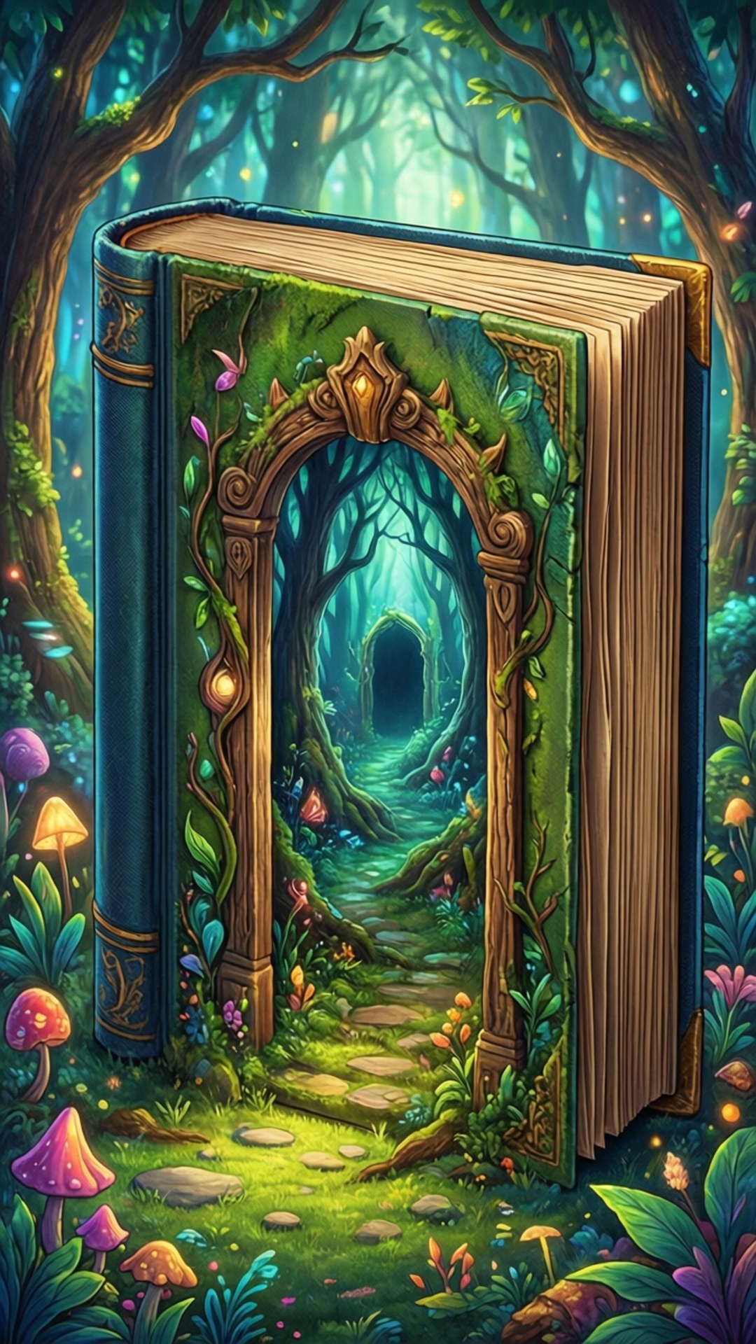 Secret Portal 壁紙 — 一本巨大的裝飾書在發光的森林中打開，通過其頁面揭示一條神秘的路徑。