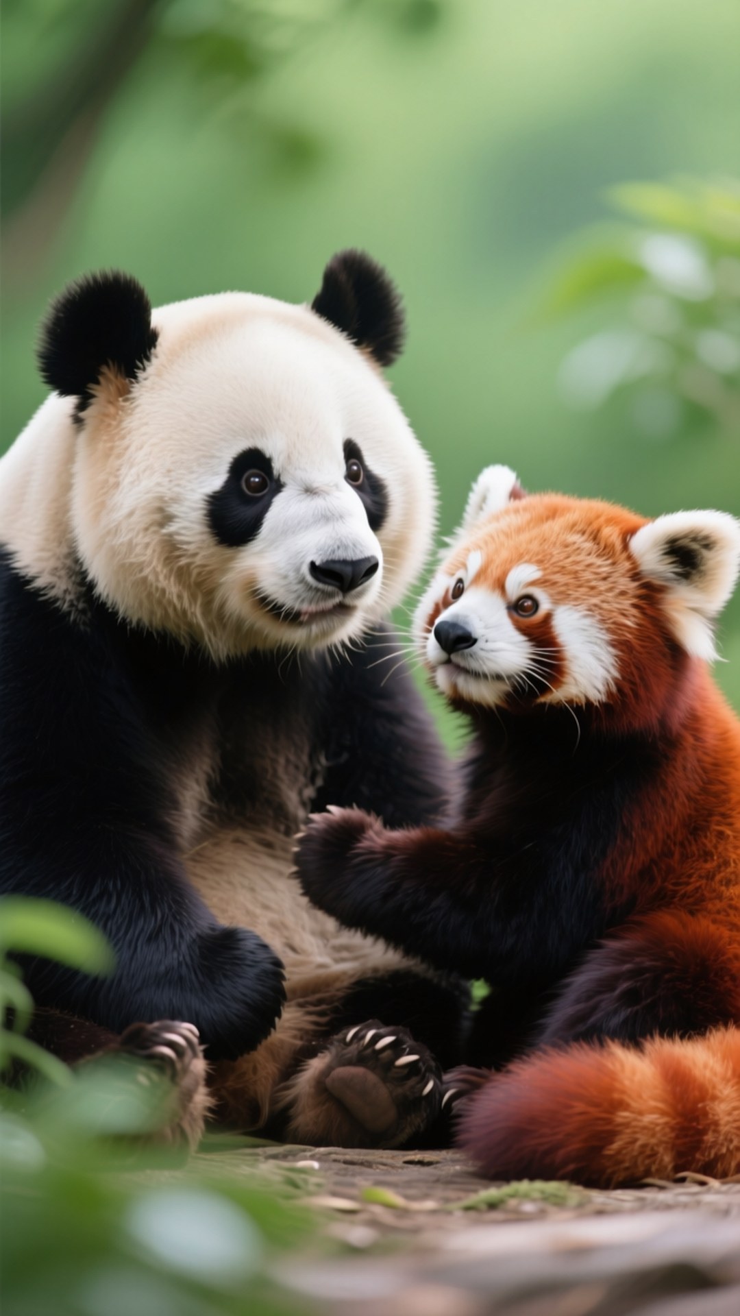 Panda Friends 壁紙 — 一隻大熊貓和一隻小熊貓一起坐在茂密的綠色森林中，牠們好奇的臉龐靠近，小熊貓伸出爪子。