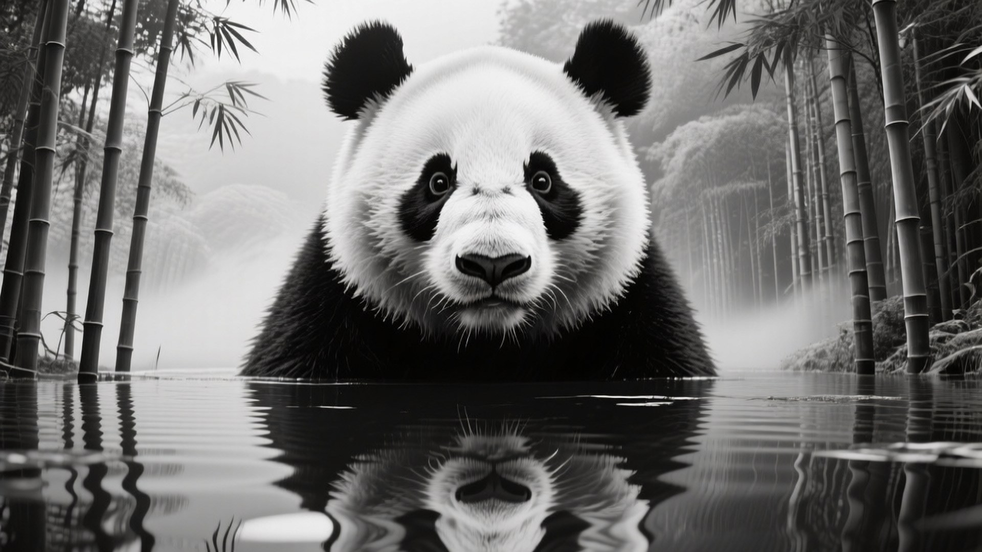 Reflection Dream 壁紙 — 一隻大熊貓從霧氣瀰漫的竹林中的平靜水面浮現，其倒影映照在下。