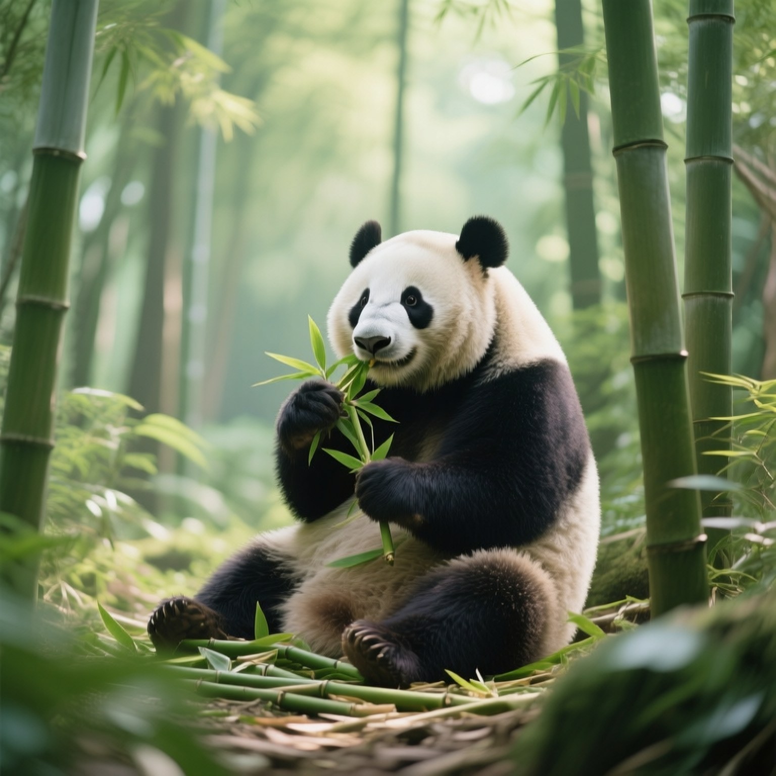 Panda Dining on Bamboo 壁紙 — 一隻大熊貓平靜地坐在陽光普照的竹林裡，咀嚼著新鮮的綠色莖稈，周圍是高高的綠色莖稈和柔軟的樹葉。