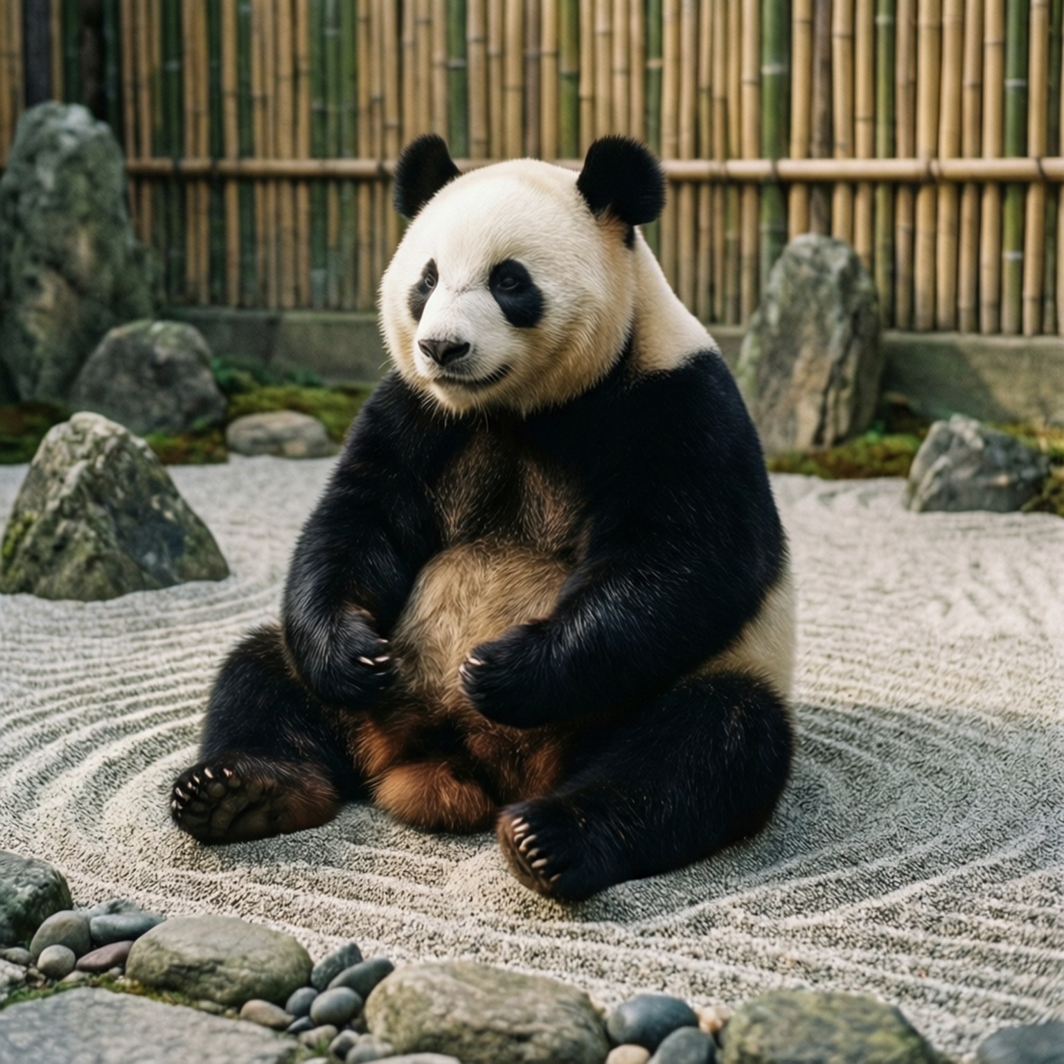 Zen Garden Panda 壁紙 — 一隻大熊貓平靜地坐在耙平的沙地上，周圍環繞著岩石和竹籬笆，在一個寧靜的花園中。