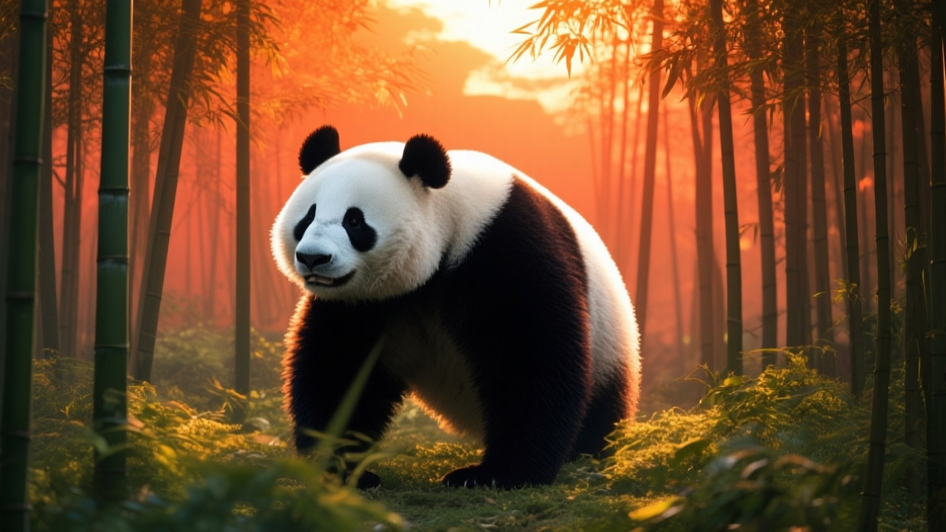 Bamboo Forest Sunset 壁紙 — 一隻大熊貓穿過沐浴在溫暖金色夕陽下的竹林。