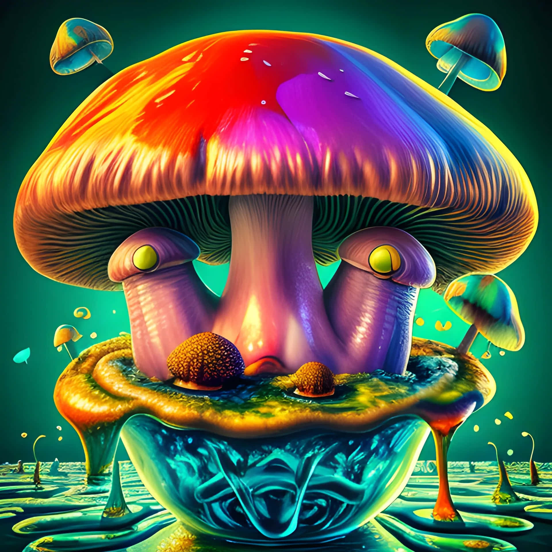  壁紙 — 一個巨大的迷幻蘑菇，帶有彩虹色調和發光的眼睛，從一個被較小蘑菇包圍的發光液體池中浮現。