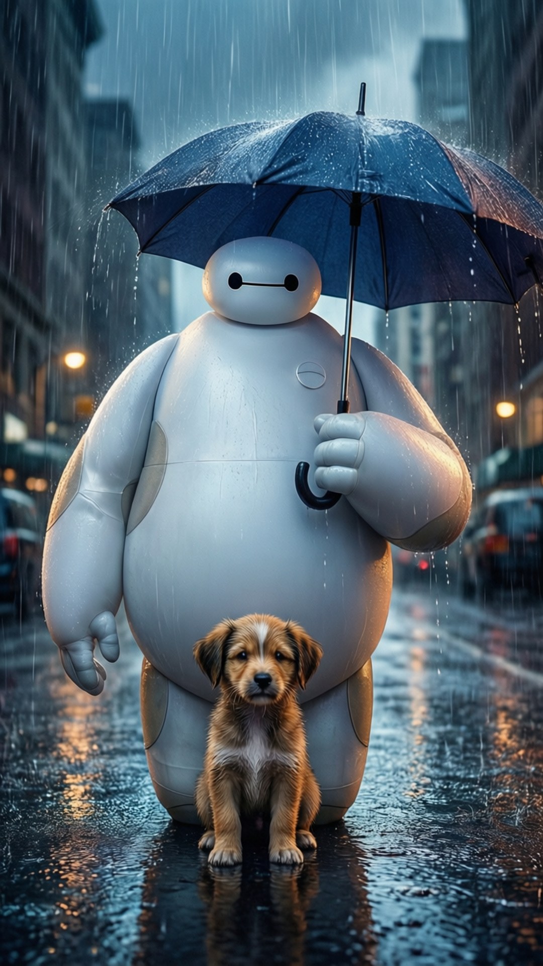 Baymax and Puppy 壁紙 — 一個巨大的白色機器人在下雨的城市街道上為一隻棕色小狗撐著藍色雨傘。