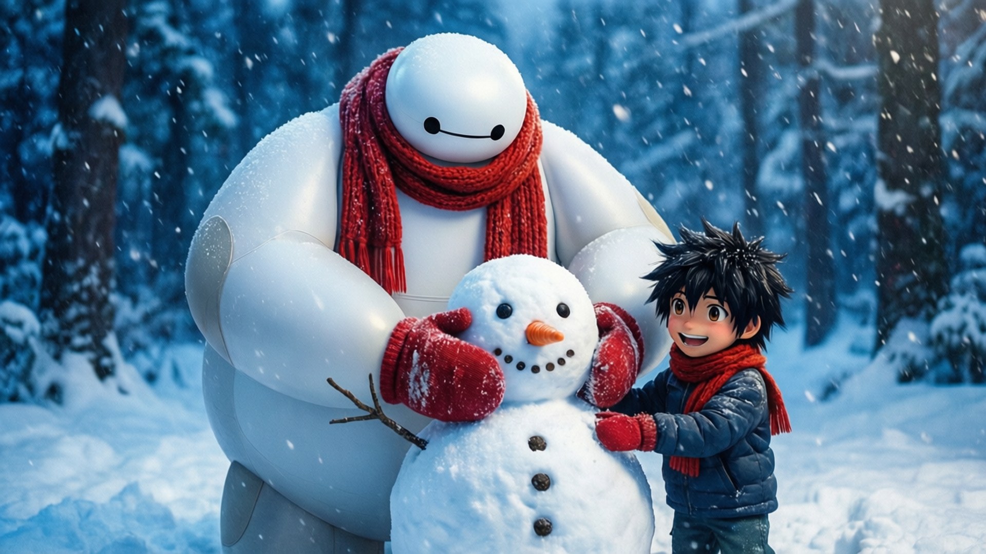 Winter Baymax 壁紙 — 一個戴著紅色圍巾的巨型白色機器人擁抱著一個微笑的男孩，他們一起在雪地森林中堆雪人。