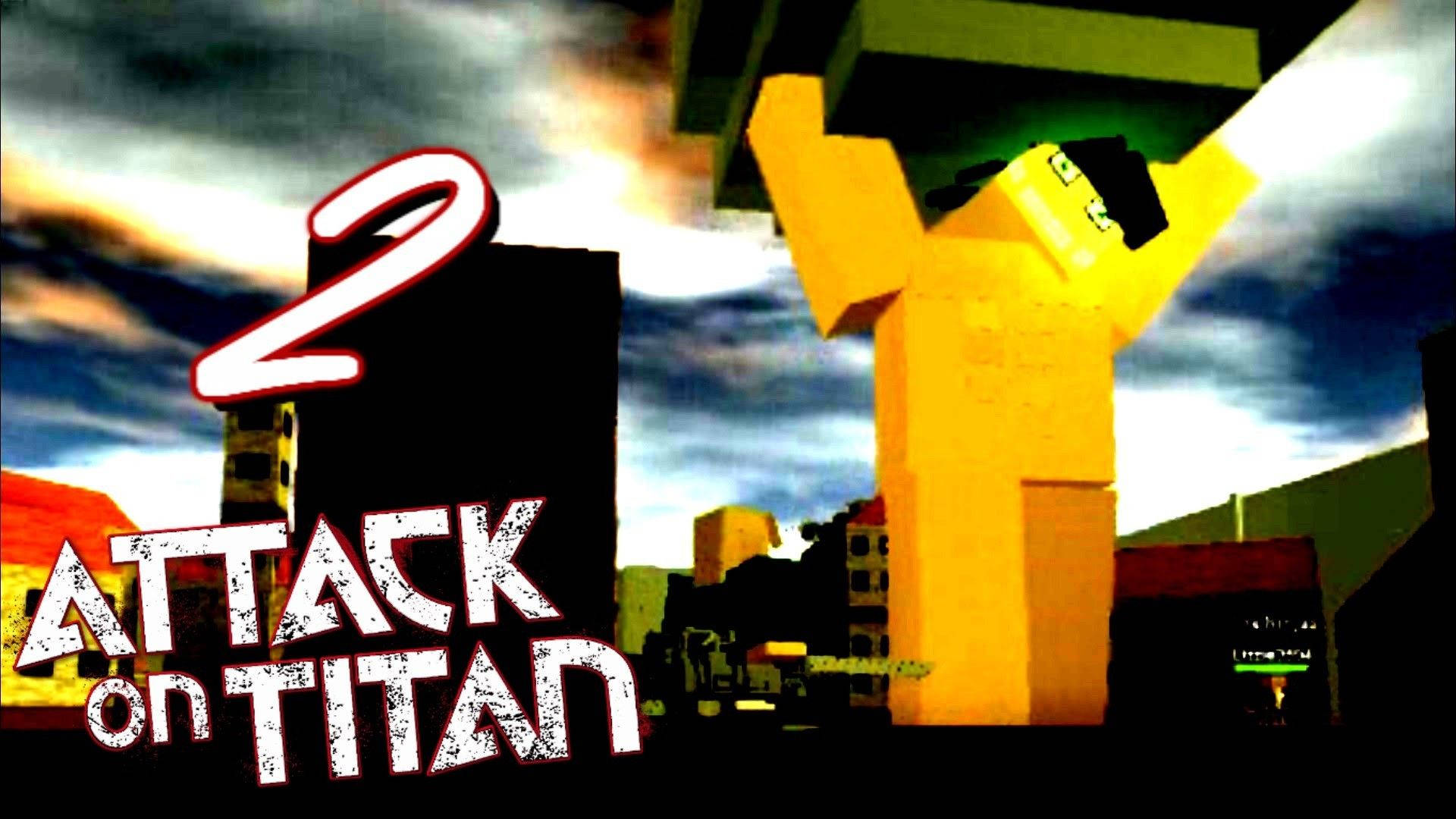 一個巨大的黃色巨人站在塊狀城市之上，帶有 'Attack on Titan 2' 文字。 — Roblox 壁紙