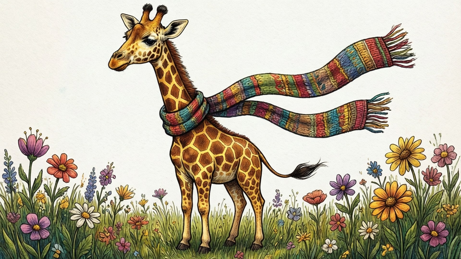 Giraffe with Scarf Doodle 壁紙 — 一隻長頸鹿站在充滿活力的草地上，戴著一條色彩繽紛的針織流蘇圍巾。