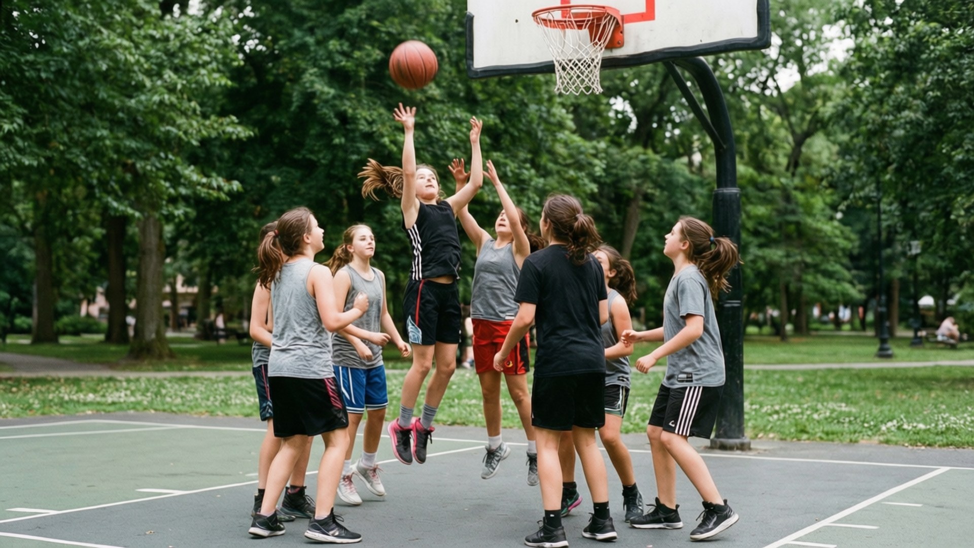 Park Hoops 壁紙 — 一個女孩跳起投籃，隊友在戶外球場觀看，周圍綠樹成蔭。