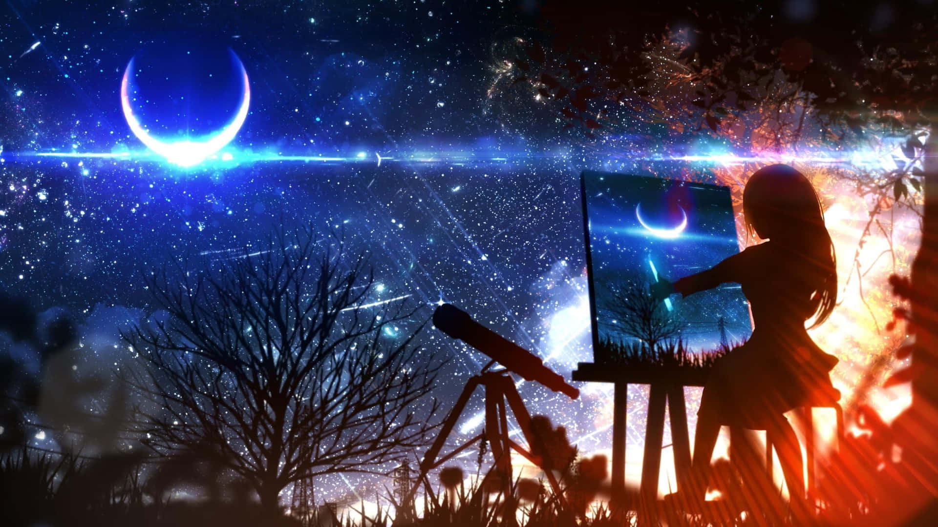  壁紙 — 一個女孩在發光的彎月和星空下繪畫宇宙場景，附近有一個望遠鏡。