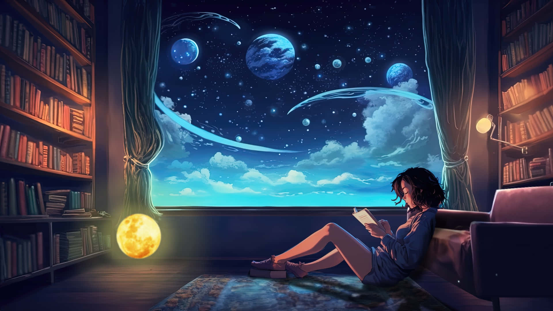  壁紙 — 一個女孩在舒適的圖書館裡看書，而宇宙行星和發光的月亮飄過窗戶，展現出超現實的天空。