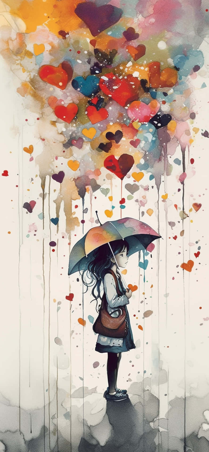  壁紙 — 一個拿著雨傘的女孩站在色彩繽紛的心形瀑布下，心形以水彩風格飄落。