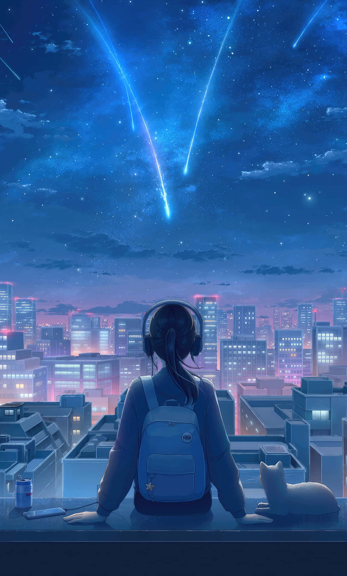  壁紙 — 一個戴著耳機的女孩和一隻貓看著發光的流星在夜晚劃過霓虹燈照亮的天際線。