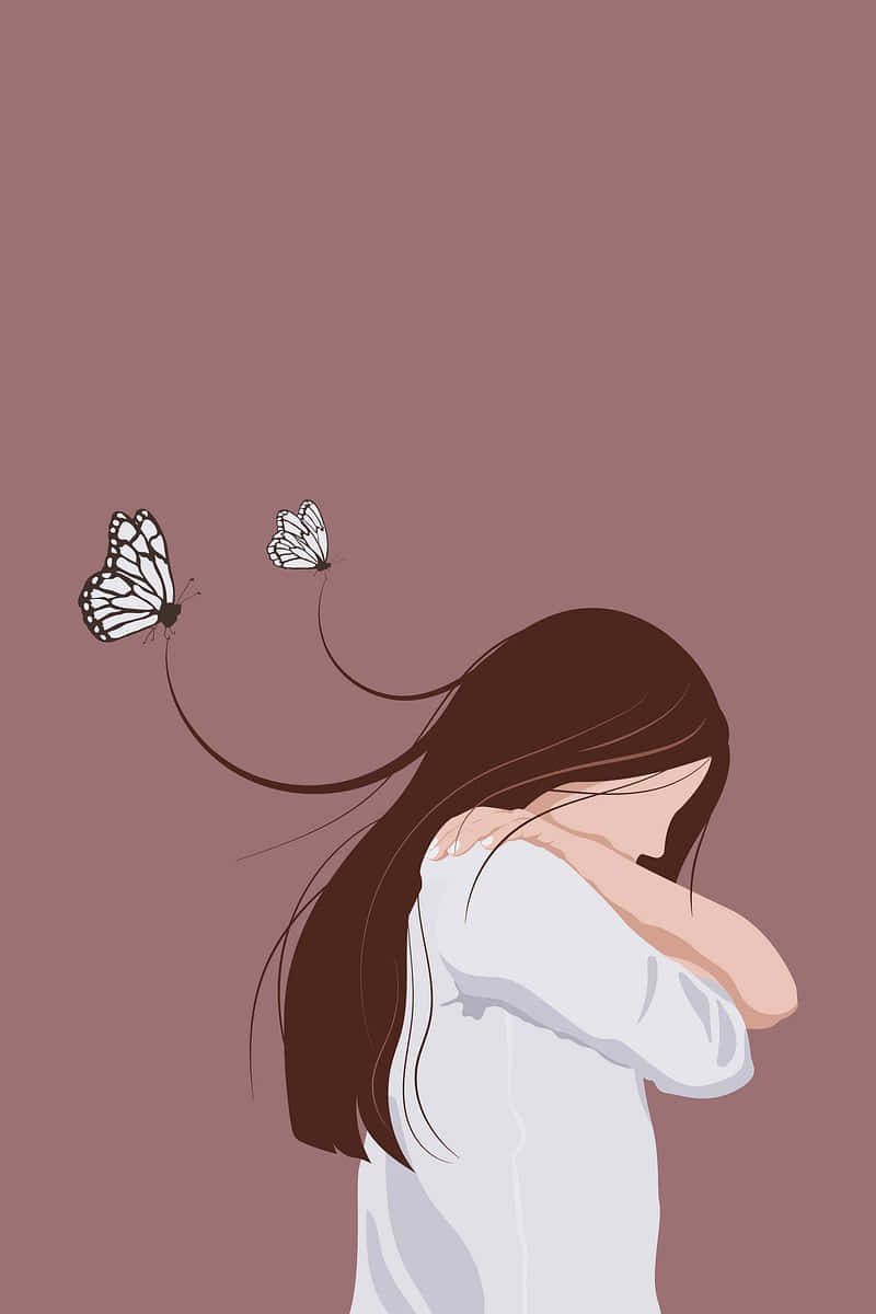  壁紙 — 一個長著棕色長髮的女孩擁抱自己，兩隻白色蝴蝶在她頭旁翩翩飛舞，背景是柔和的紫紅色。