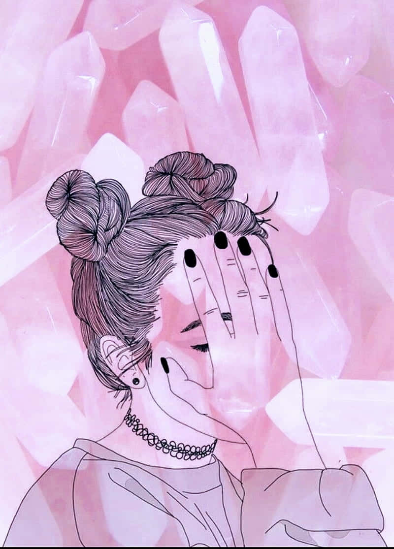  壁紙 — 一個雙丸子頭、塗黑色指甲油的女孩，在發光的粉紅色水晶背景前用一隻手遮住臉。