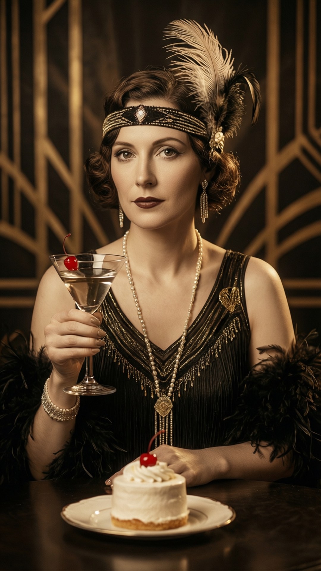 Birthday Queen 桌布 壁紙 — 一位迷人的1920年代飛女郎，身穿黑色珠飾連衣裙，手持馬丁尼，坐在放有櫻桃蛋糕的桌子旁。