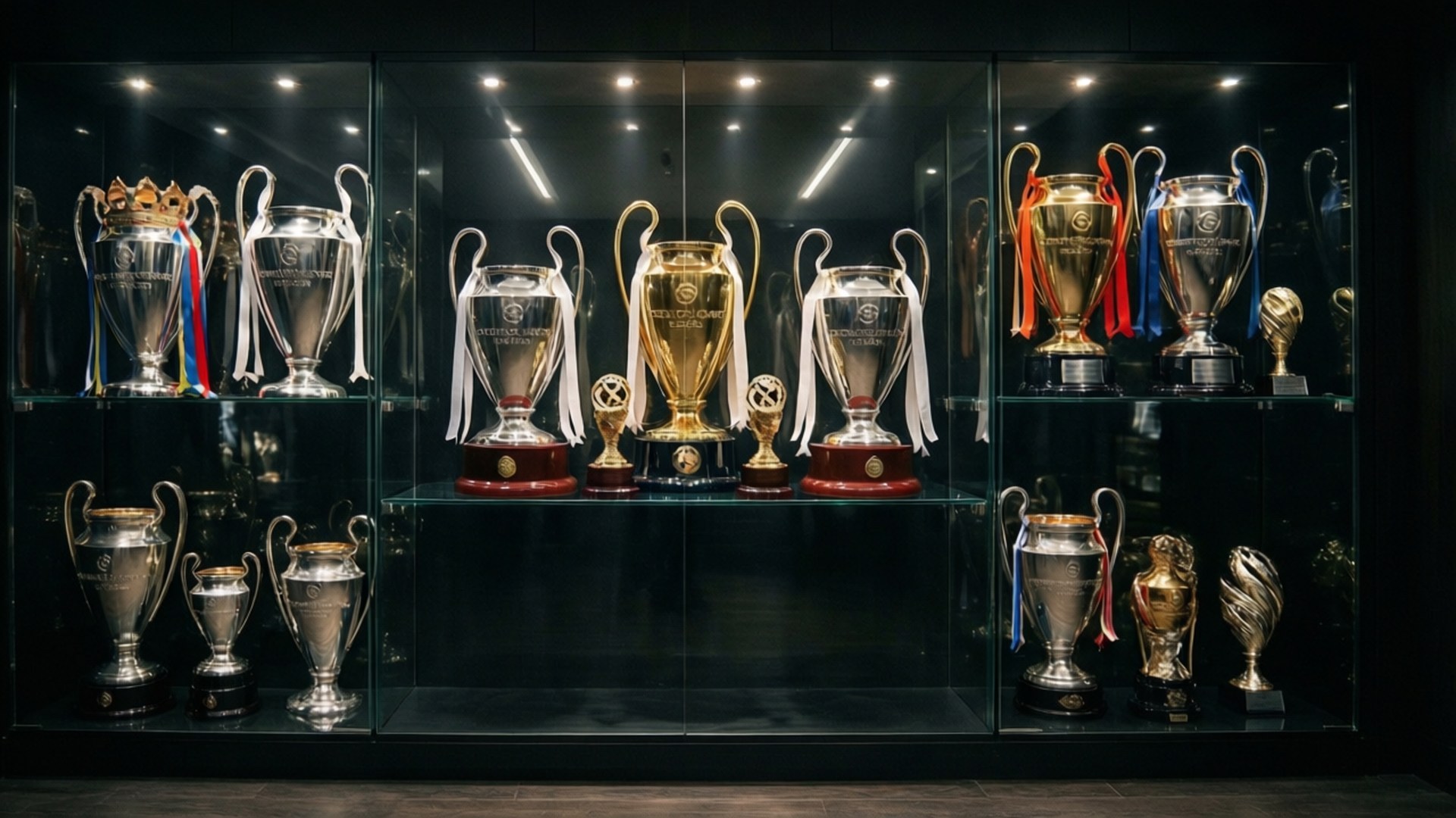 Trophy Cabinet Glory 壁紙 — 玻璃展示櫃展示閃亮的銀色和金色獎盃，包括帶有絲帶的歐洲聯賽冠軍盃和聚光燈下的小型獎項。