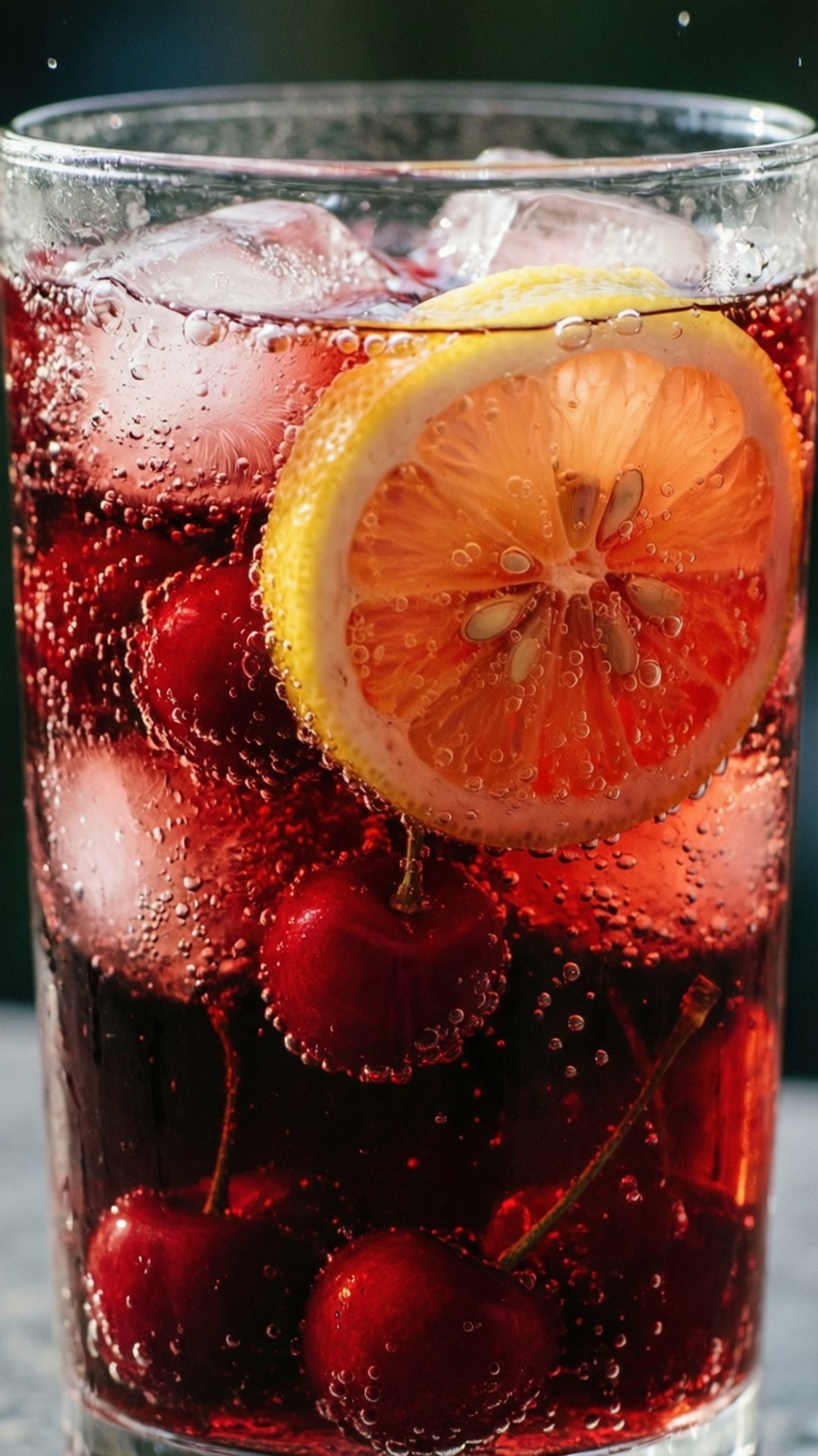 Cherry Soda Splash 壁紙 — 一杯充滿冰櫻桃和鮮亮橙片裝飾的氣泡紅飲料。