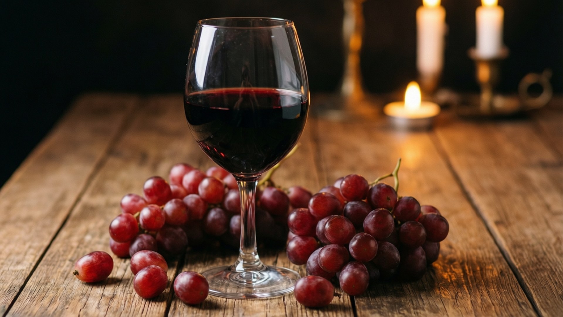 Wine and Grapes 壁紙 — 一杯紅酒放在一個質樸的木桌上，旁邊是一串成熟的紅葡萄，被溫暖的燭光照亮。