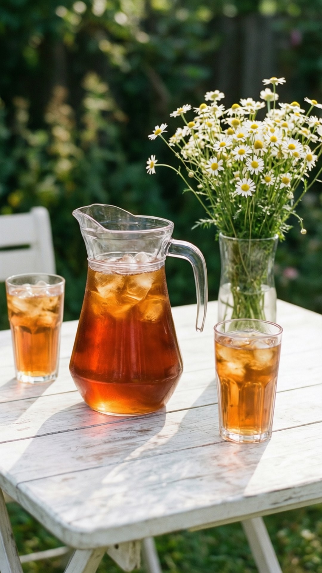 Iced Tea and Daisies 壁紙 — 一個玻璃壺和兩個裝滿冰茶的杯子放在白色木桌上，旁邊有一瓶雛菊，在陽光明媚的花園裡。