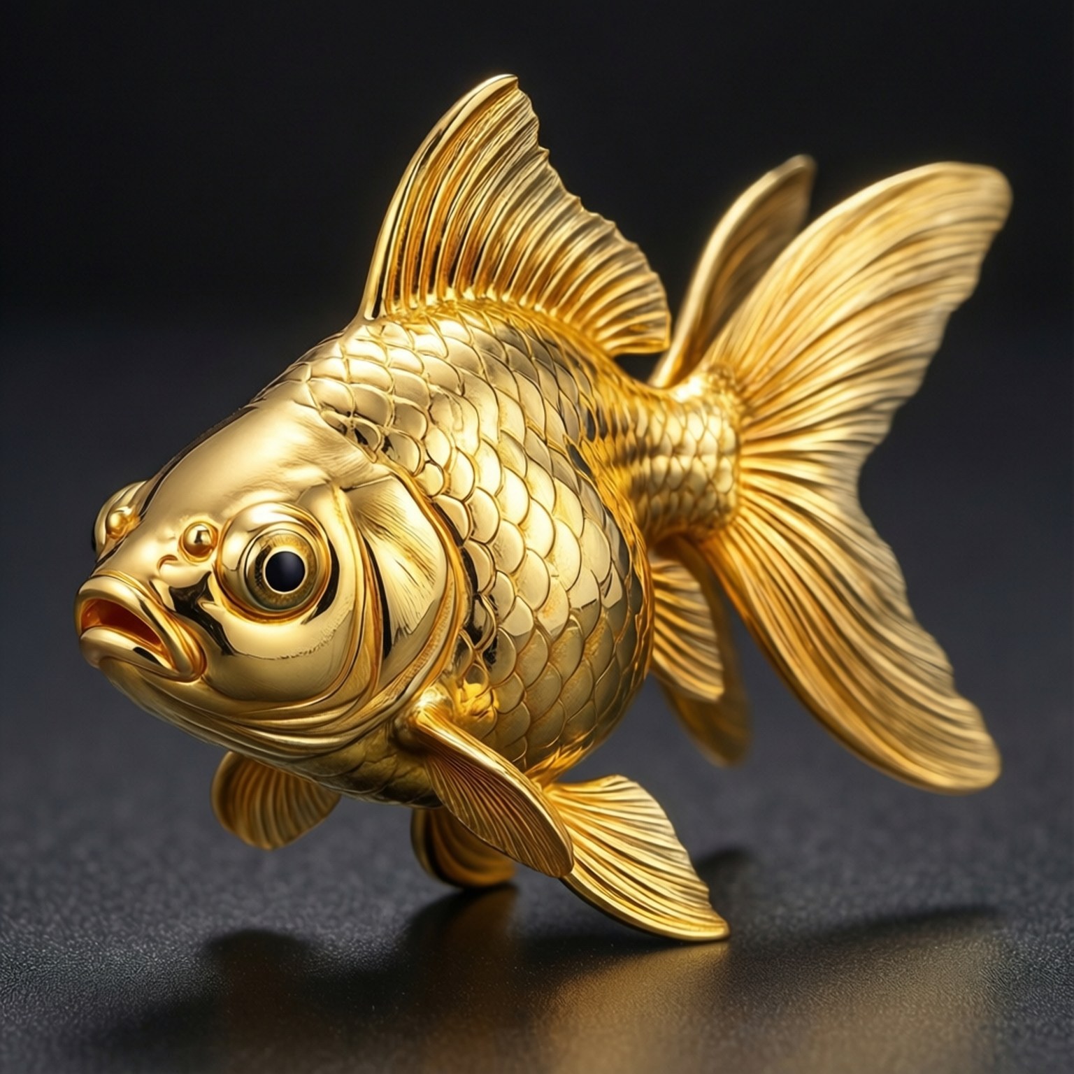 Solid Gold Goldfish 壁紙 — 一個閃閃發光的金色魚雕塑，帶有精細的鱗片和流暢的魚鰭，放置在深色反光表面上。