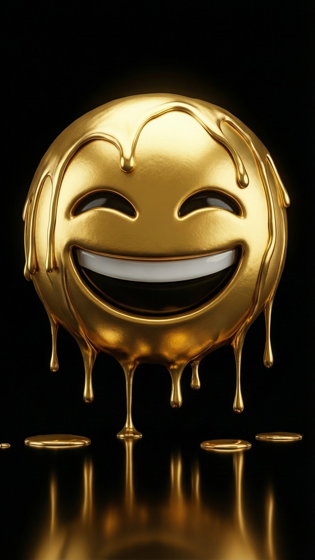 桌布 壁紙 — 一個閃閃發光的金色笑臉，滴落熔金到反光的黑色表面上。