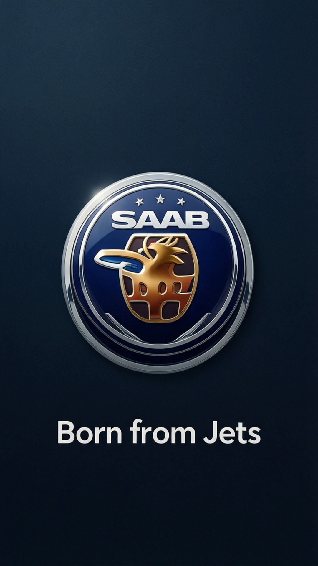 紳寶 桌布 壁紙 — 閃亮的Saab標誌，帶有金色龍紋章和「Born from Jets」文字，背景為深藍色。