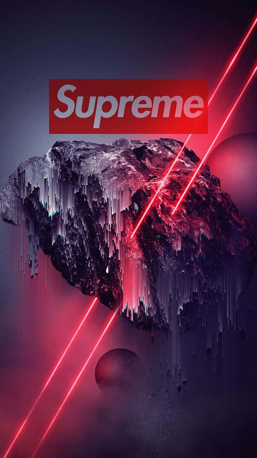  壁紙 — 一顆帶有紅色雷射光束和Supreme標誌的故障小行星漂浮在黑暗的宇宙虛空中。