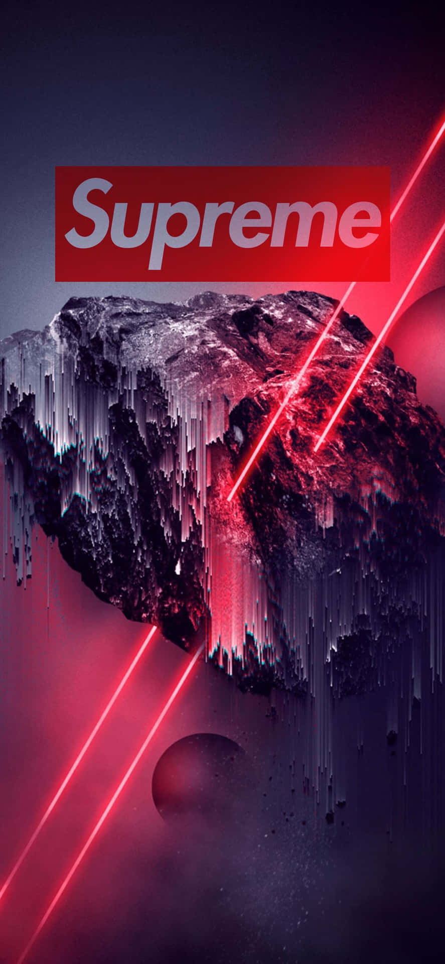 Supreme標誌在太空中出現故障的岩石上方，伴有紅色雷射光束。 — iPhone 13 Pro 壁紙