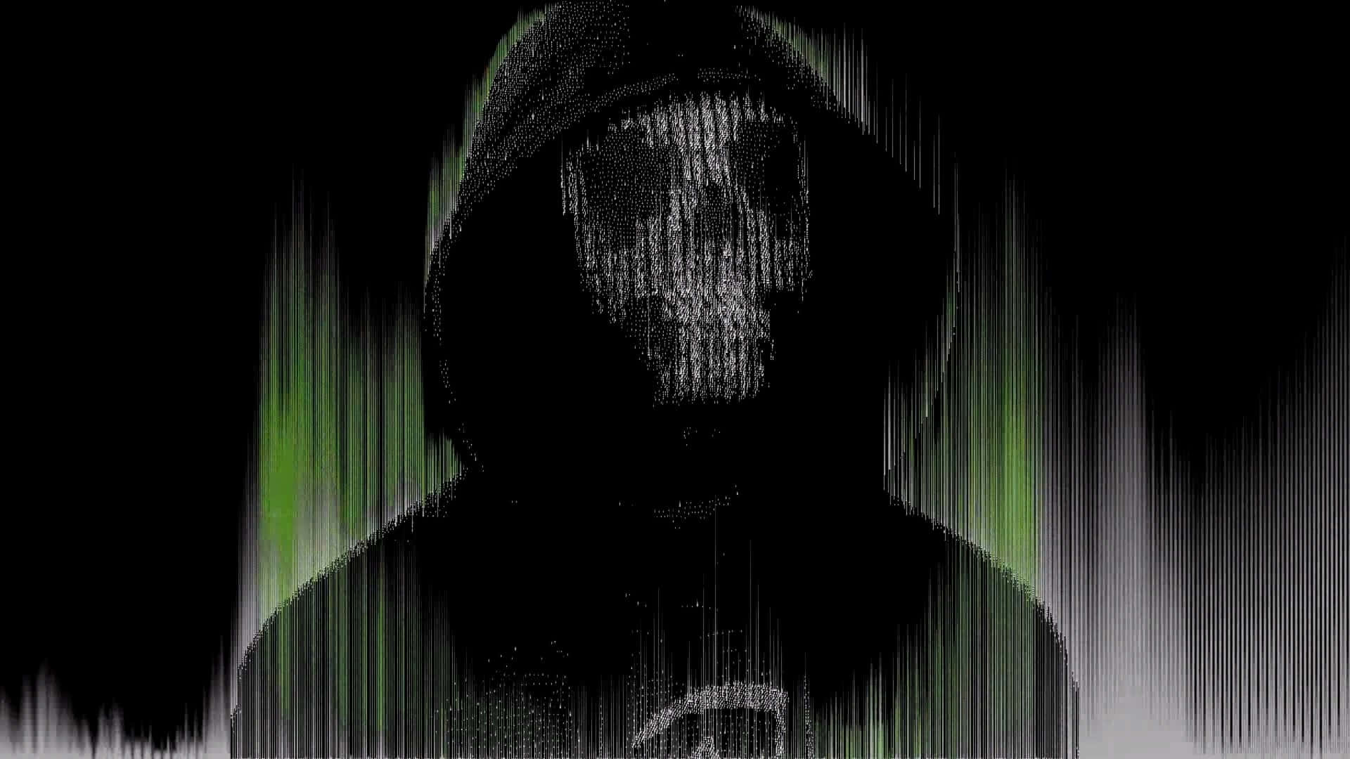  壁紙 — 一個戴著連帽衫、骷髏臉的人物，在黑色背景上帶有綠色垂直條紋的故障數位剪影。