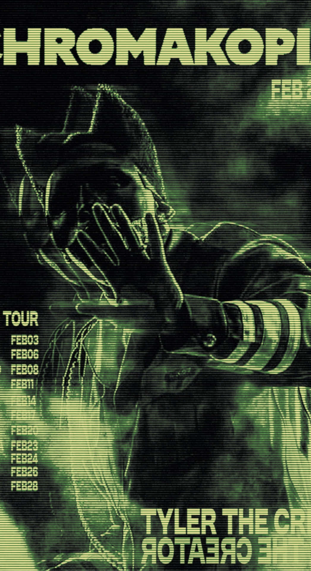  壁紙 — 一張帶有故障綠色色調的 Tyler the Creator 海報，他戴著毛帽，單手遮臉，周圍是巡演日期。